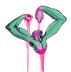 Floating torso bathing on its own pink blood